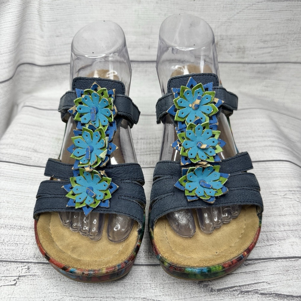 Rieker Navy Floral Multicolorβ Leather Sole Slipping Slide Sandal Size 41 US 10